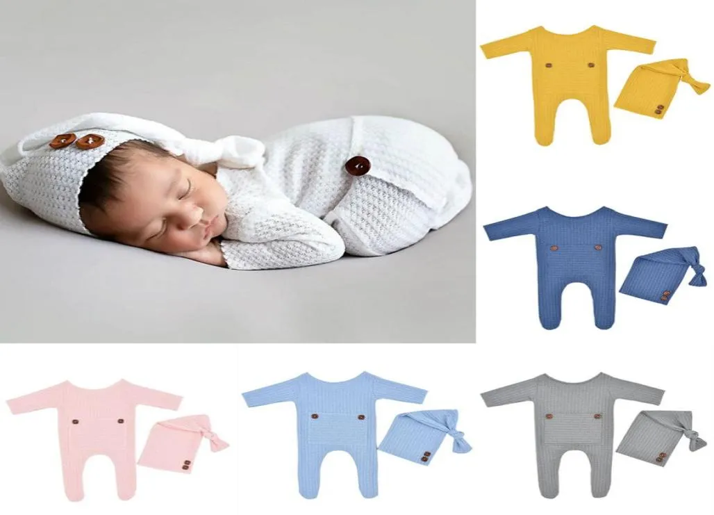 Newborn Romper Set Footed Newborn Knitted Romper Sleepy Hat 2PcsSet Cute Baby Pography Prop M29973900262