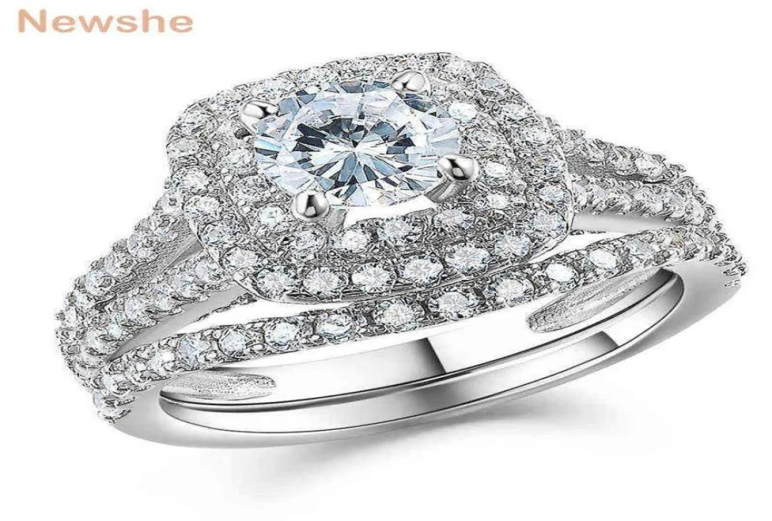 Newshe 2 pièces femmes 039s ensemble de bagues de fiançailles de mariage en argent sterling 925 2Ct rond créé bleu saphir blanc Cz taille 413 X22028641362