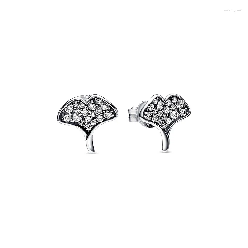 Stud Oorbellen Real 925 Sterling Zilver Clear CZ Gingko Leaf Fonkelende Voor Vrouwen Originele Sieraden Oor Brincos Groothandel