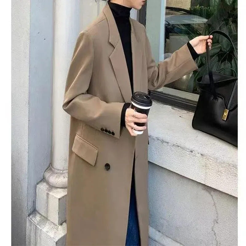 Blazers Autumn Winter Black Khaki Colour Thick Loose Double Breasted Long Suit Coat England Style Straight Leisure Tailored Collar Women