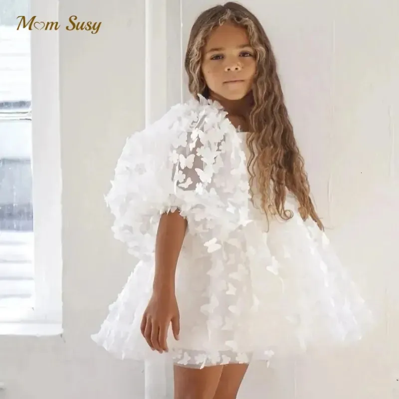 Moda Bebek Kız Prenses Kelebek Tutu Elbise Puf Kılıf Çocuk Tül Vestido Pageant Partisi Doğum Günü Bebek Giysileri 1-12y 240306