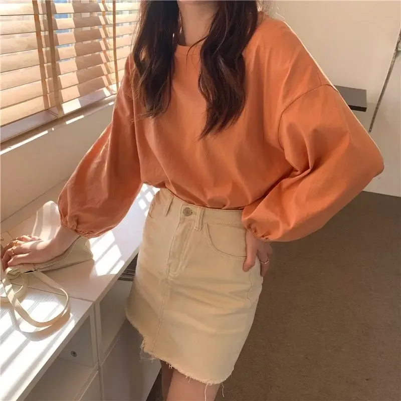 Skjorta 2023 Ny vår Korean Loose Academy Style Round Neck Thin Long Sleeve Tshirt Women's Student Top Trendy Ins Trendy