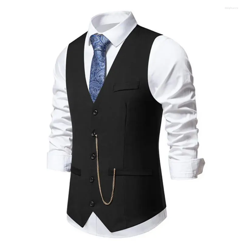 Coletes Masculinos Homens Terno Colete Cor Sólida Elegante Colete De Pescoço Com Detalhe De Corrente Para Festa De Casamento Slim Fit Primavera