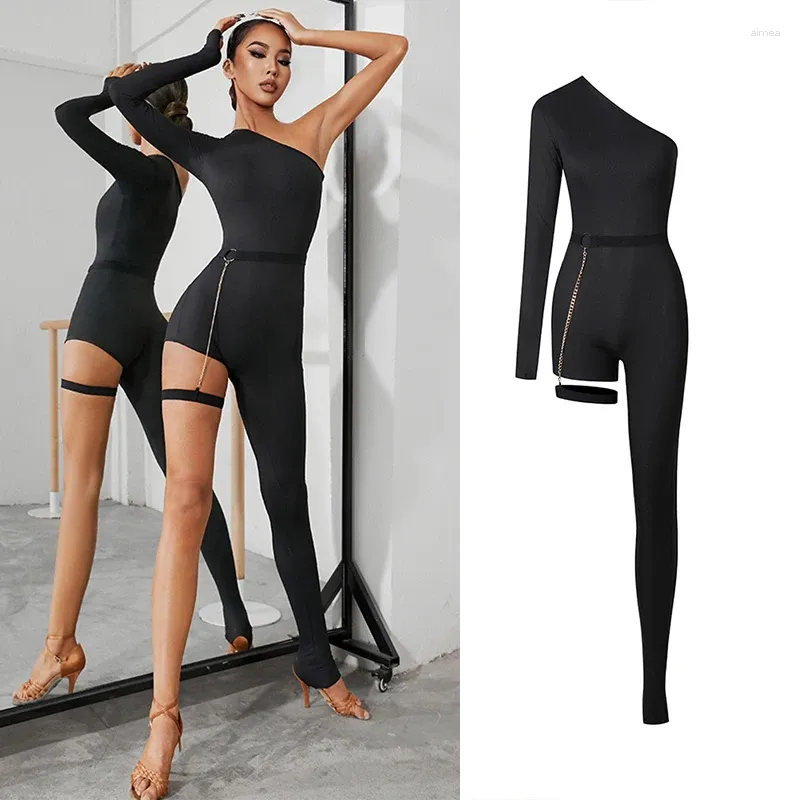 Stage Wear 2024 Sexy Slant Shoulder One-Sleeve-Leg Design Latin Dance Jumpsuit Women Rumba Salsa Clothes Black Pants