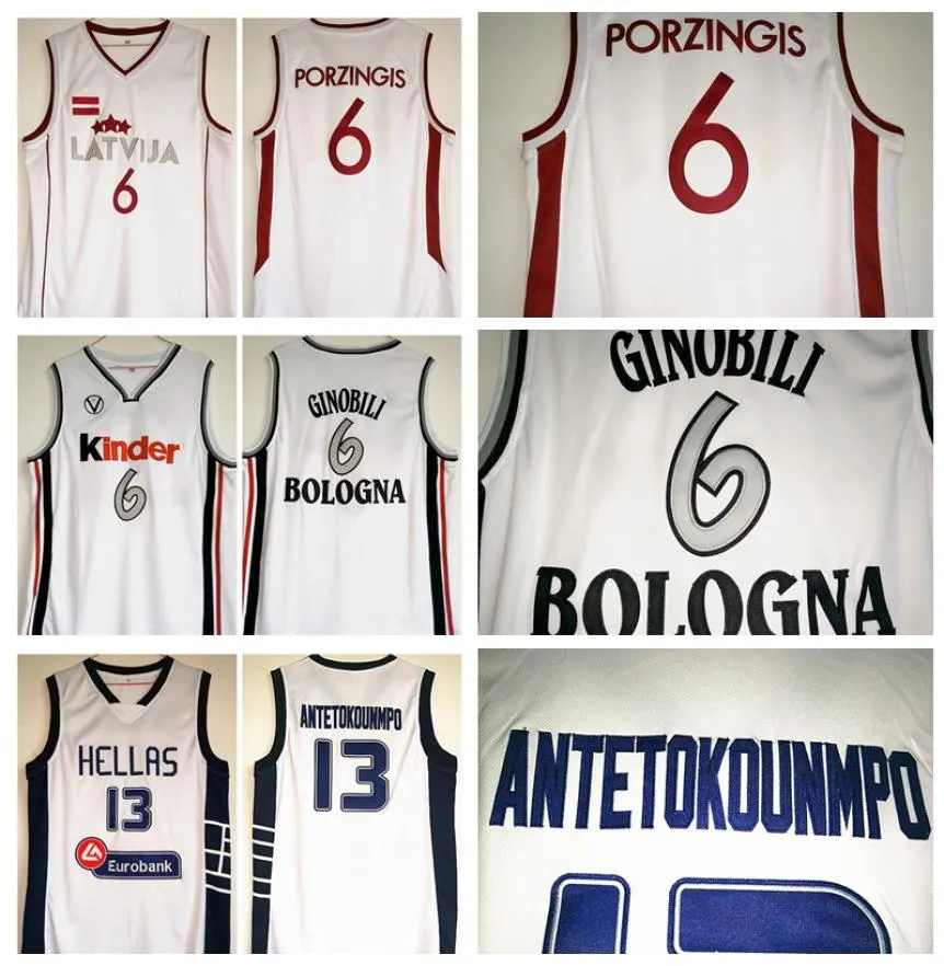 Greece dwayne hellas giannis anteokounmpo koszulki 13 Włochy Kinder Bolodna 6 Manu Ginobili Latvija Kristaps Porzingis Basketball White7647842