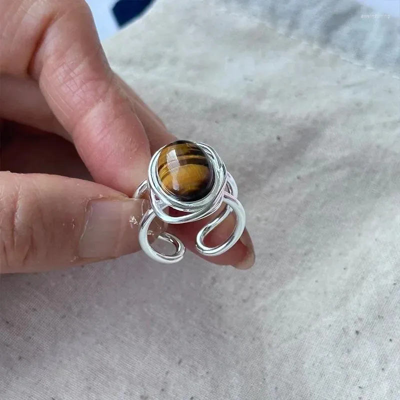 Cluster Rings Tiger Eye Stone Ring S925 Sterling Silver Double Layer Inlaid With Natural Maillard Style 2024 Autumn/Winter