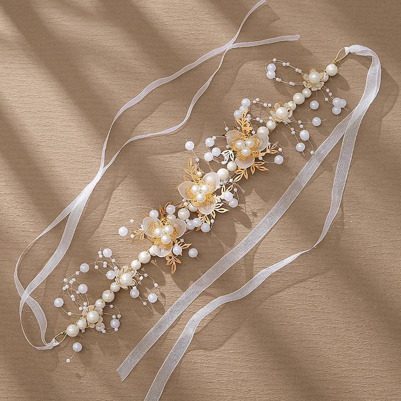 Fashion Headpieces White Pearl Rhinestone Flower Leaf Branch Handmade Bridal Hair Band Head Accessories Wedding Jewelry