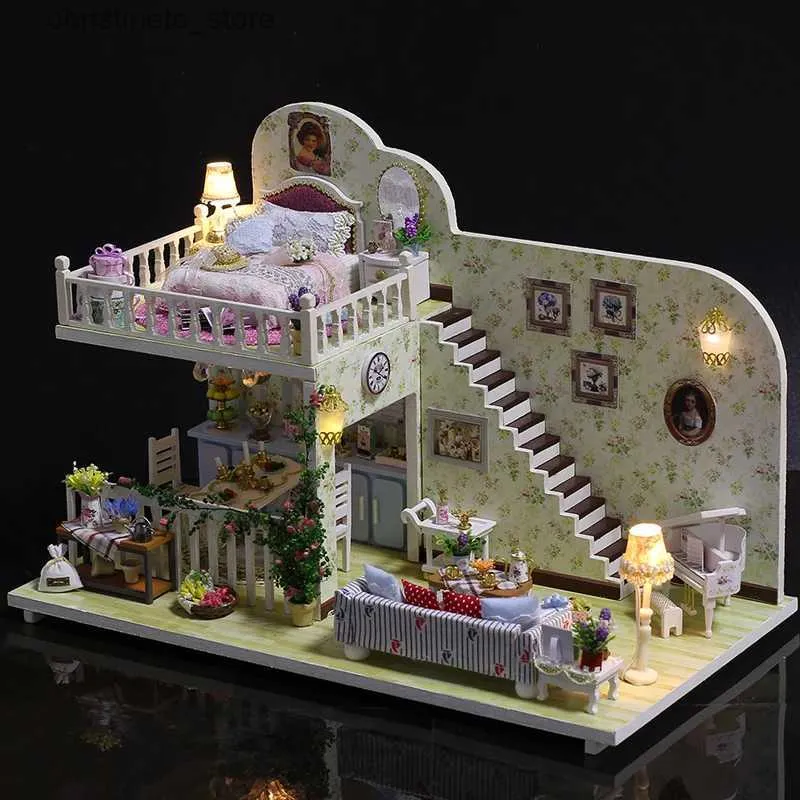 Arquitetura/casa de bonecas diy, casas de bonecas de madeira, kit de móveis para casa de bonecas em miniatura com brinquedos led para crianças, presente de aniversário