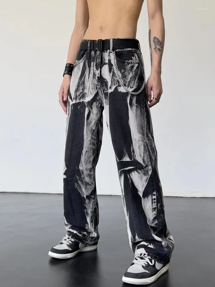 Men's Jeans Trousers Streetwear Aesthetic Tie Dye Man Cowboy Pants Wide Leg Hip Hop Goth Soft Cotton Original Kpop Stacked Denim