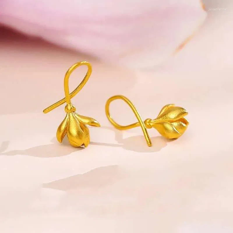 Dangle Earrings Pure 999 24K Yellow Gold Women Flower