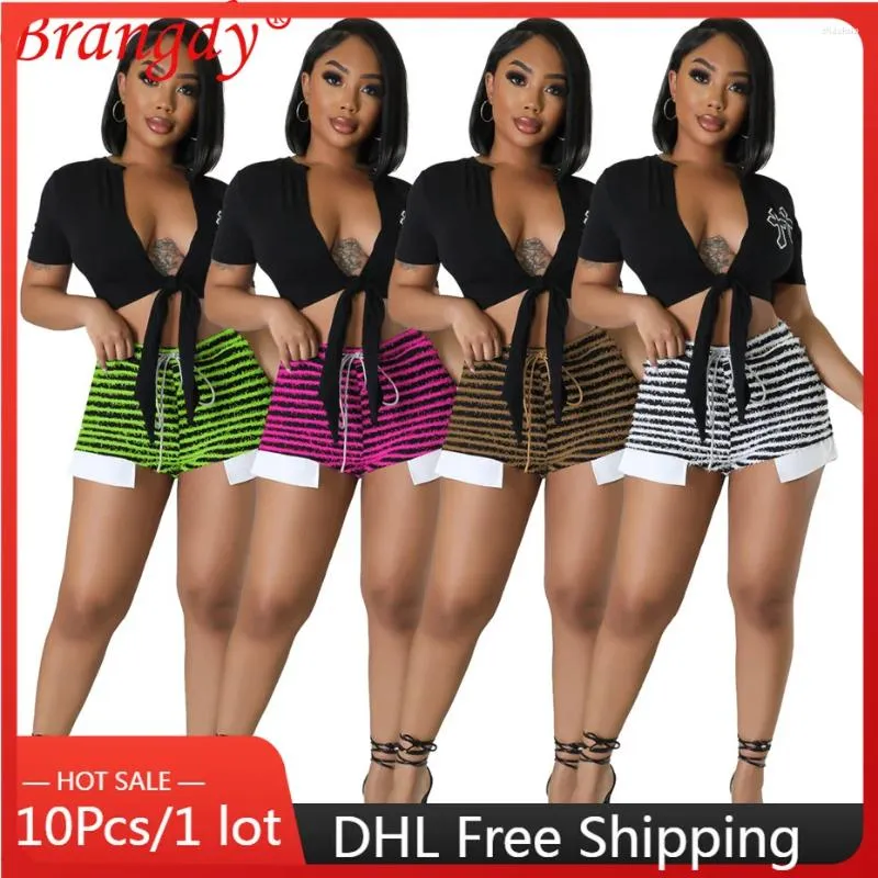 Shorts Femmes 10pcs 2024 Été pour femmes Mode Tricot Stripe Patchwork Cordon Mock Pantalon One Piece Court Gros B11161