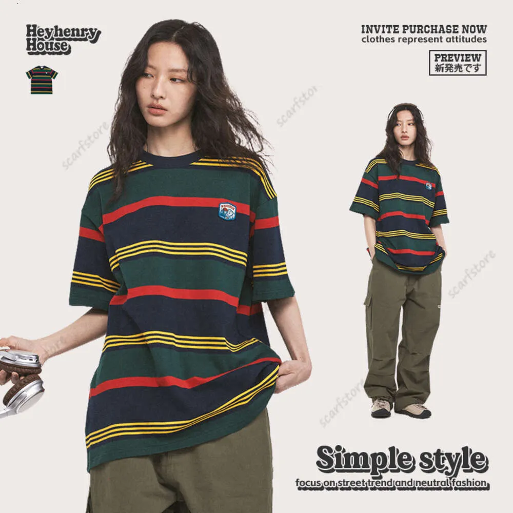 Heyhenry Mens American Striped短袖Tシャツルーズトップデザインカップル