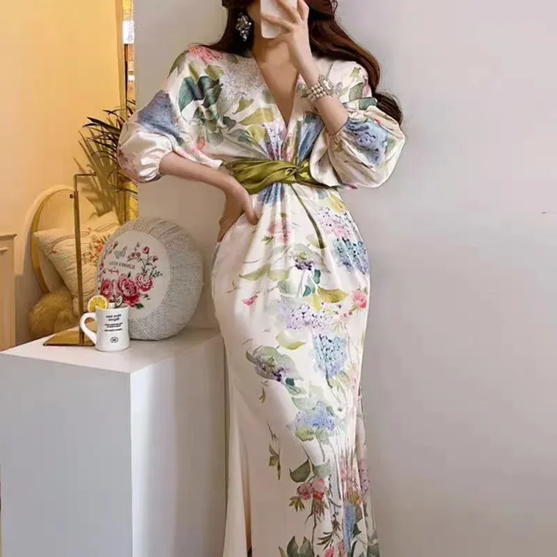 Elbise moda kadınlar şık elbise vintage çiçek baskılı saten zarif uzun elbiseler v boyun yüksek bel kimono yaz bayan bornoz elbiseler g537