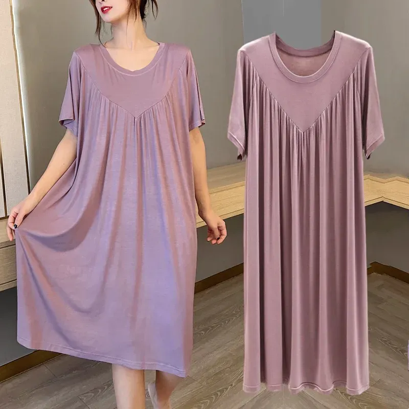 Dress Modal dress Women Summer Causal Loose long dress short sleeves ONeck Pleated sleepdress Plus size streetwear