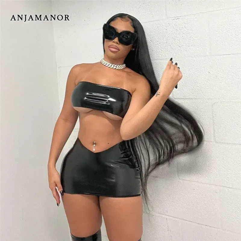 Passar Anjamanor Pu Faux Leather Black Sexy 2 Piece Crop Tops och Micro Mini Kjol Set Streetwear Women Clubing Outfits D87BF14