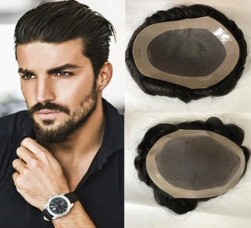 100 Human Hair Mens Mono Mono Lace مع NPU حول Toupees for Men Placement System Natural Hairline Wave HairpieC5267416