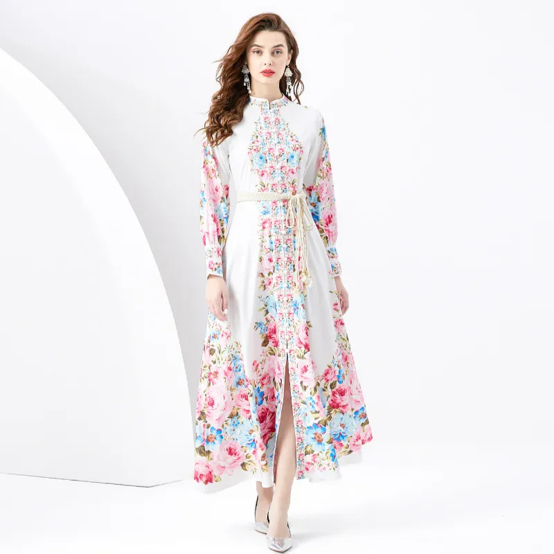 Élégant Floral Blanc Cardigan Maxi Robe Femmes À Manches Longues Designer Col Montant Robes Imprimées Dames Boutonné A-ligne Casual Beach Party Robes Vêtements Printemps