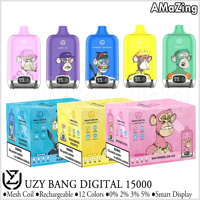 Uzy Bang Digital 15000 Puffs使い捨てeタバコボックスパフ15kメッシュコイル充電式Vaper 0％2％3％5％16色vs 12k 12000 13000