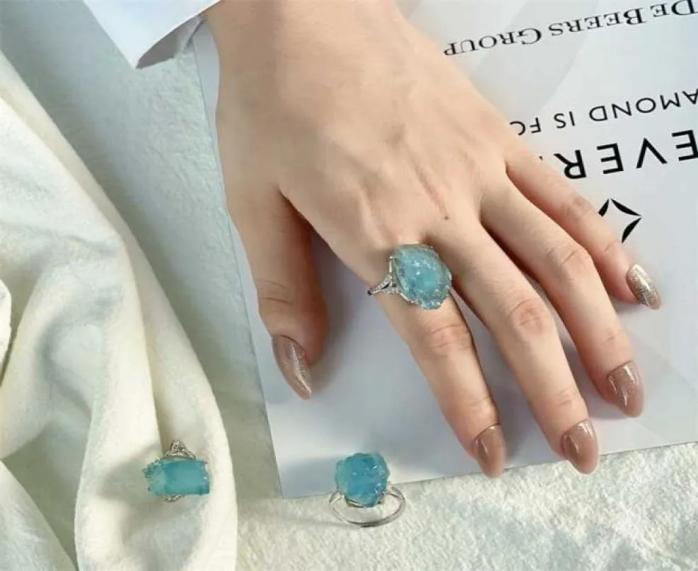 Natural Blue Aquamarine Stone Ring 925 Sterling Silver Gemstone Rings for Women Open Adjustable Size Handmade Fine Jewelry 2202091880072