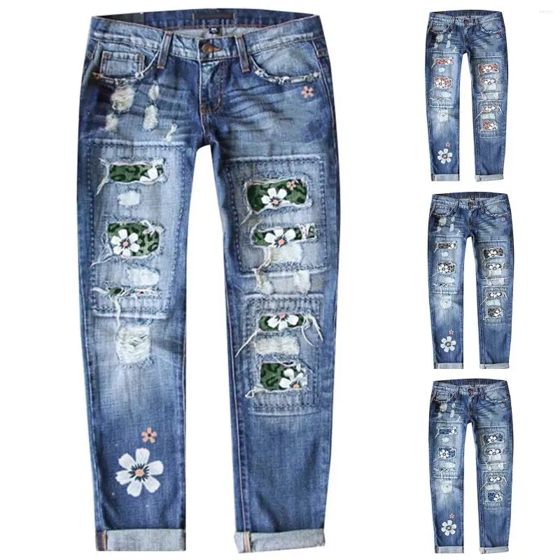 Pantaloni attivi da donna Street Jean traforati stampati con fondo a campana per cordoncini Jag super dritti a vita alta