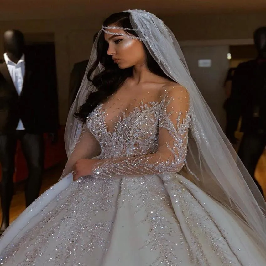 Dubaï arabe robe de bal robes de mariée, plus la taille chérie dos nu balayage train robes de mariée Bling luxe perles paillettes robes de mariée 157O