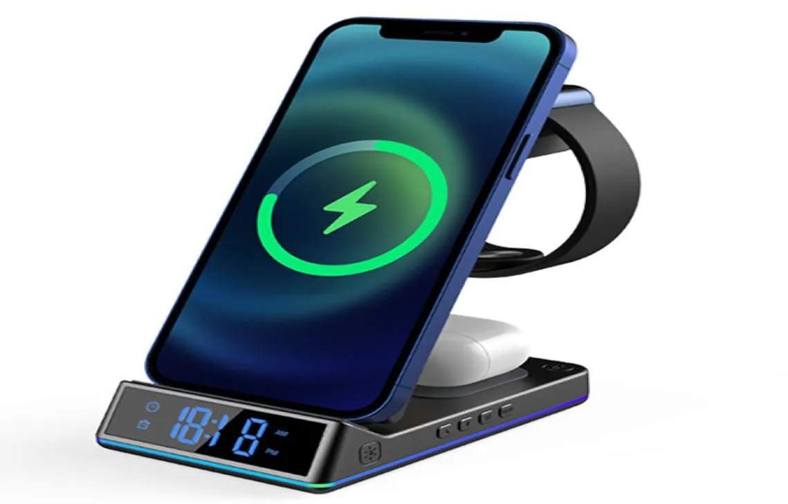 5 in 1 Wireless Chargers Magnetic Charging Station 15W Fast Wireless Charger with Alarm Clock RGB Light Compatible for iPhone 1318235898