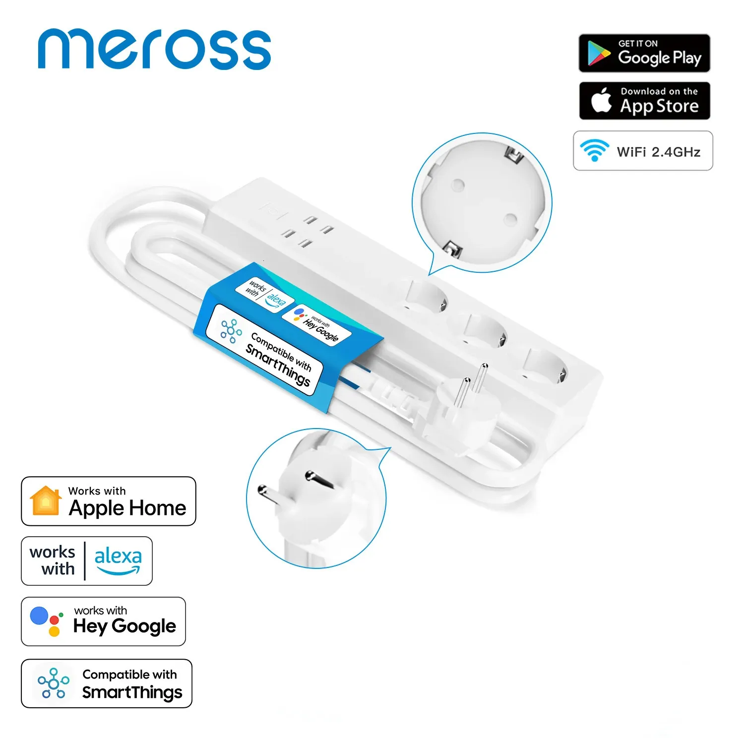 Meross HomeKit Smart Power Strip WiFi Surge Protector EUUKプラグソケットサポートSiri AlexaアシスタントSmartThings 240228