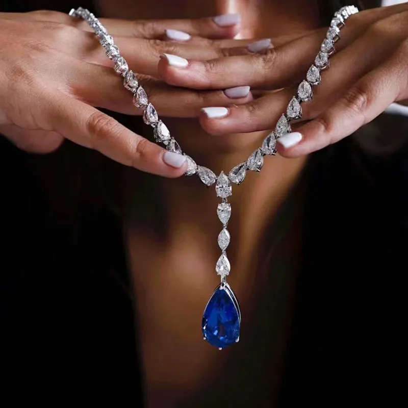 Preziosa collana girocollo con diamanti e zaffiri, collane con pendenti in vero argento sterling 925 al 100% le donne, gioielli promessi