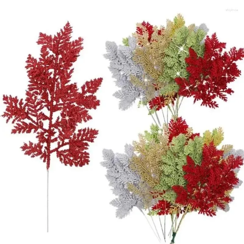 Fleurs décoratives 10pcs Noël Artificielle Glitter Feuilles de pin Branches DIY Guirlande Ornement d'arbre de Noël pour l'année de la maison Navidad Décor