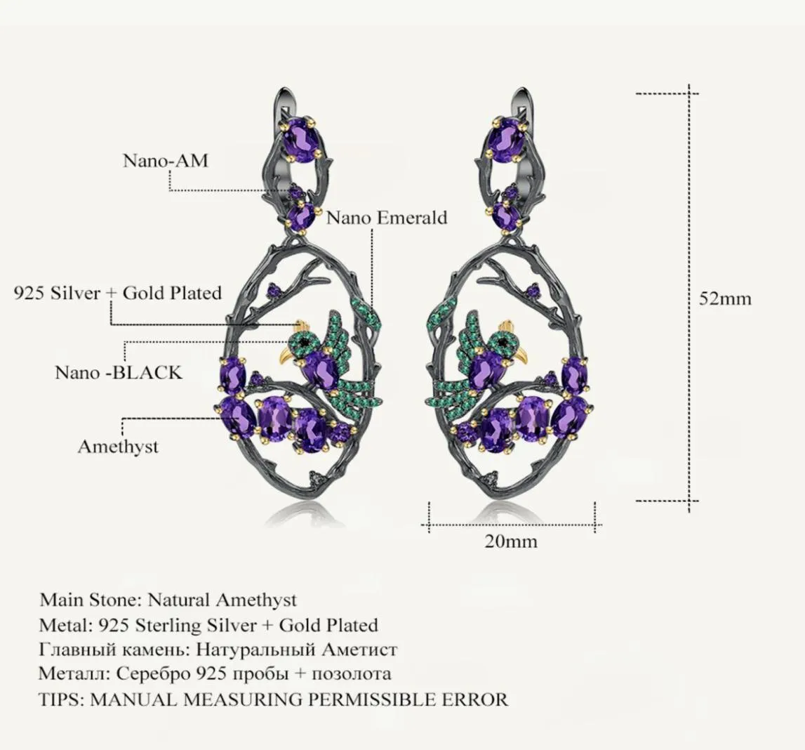 Stud Gem039S Ballet 6 26CT Natural Amethyst Earrings Jewelry Real 925 Sterling Silver Handmade Bird Drop for Women Wedding 22106614651