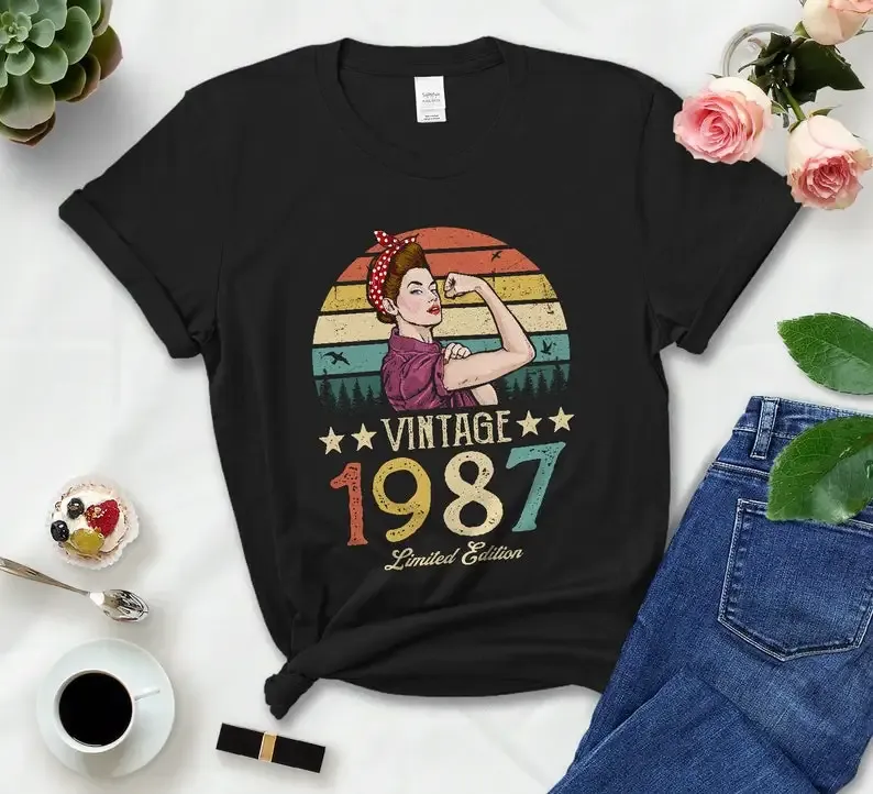 T-shirt Vintage 1987 édition limitée chemise rétro femmes faites 35e anniversaire manches courtes top t-shirts col rond mode livraison directe