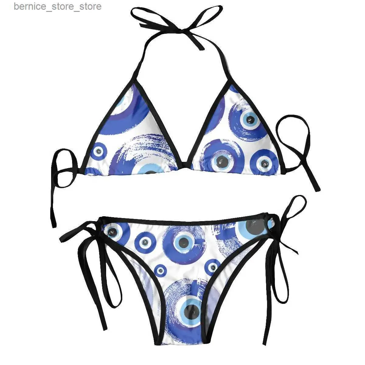 Maillots de bain pour femmes Maillot de bain triangle pour femme Ensemble de bikini 2 pièces Sexy Bretelles Push Ups Bleu Marine et Aqua Nazar Evil Eye Lucky Charm Q240306