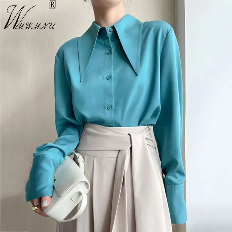 Camicia Camicette con colletto a punta da donna Camicia dal design di lusso in stile francese 2023 Primavera Estate Top maniche lunghe Chic Fashion Blu Blusas