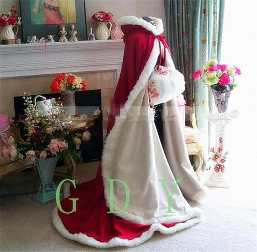 لفات الزفاف الشتوية الفراء السترات مع قبعة حمراء وأبيض الطول طول قطعتين زفاف طويلة الرؤوس بوليرو 9639975