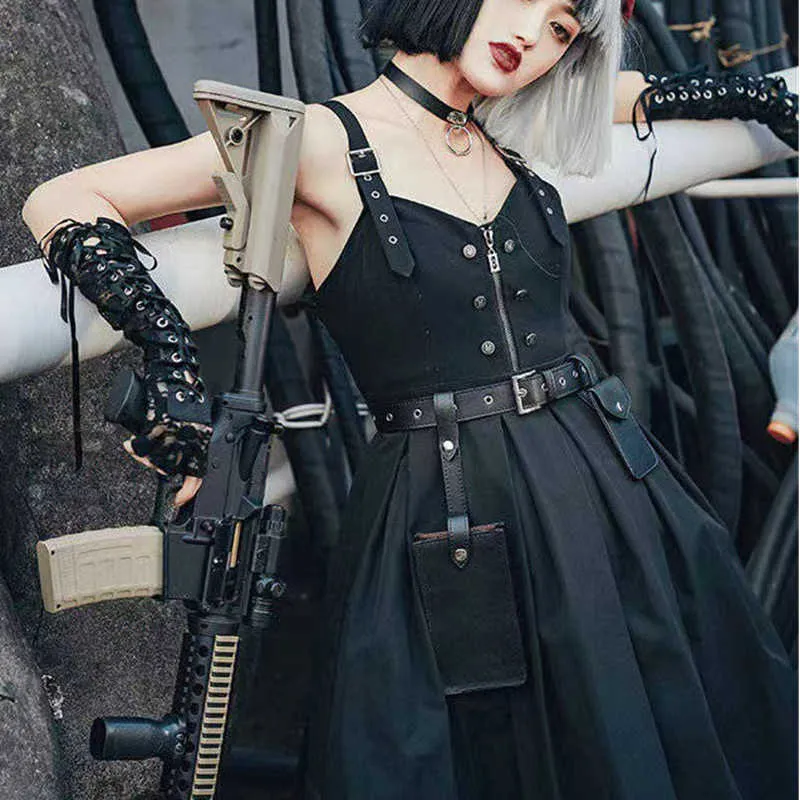 Vestidos casuais básicos lar s battlefield cintura conjunto com escuro legal bonito estilo irmã versátil couro da meia-idade