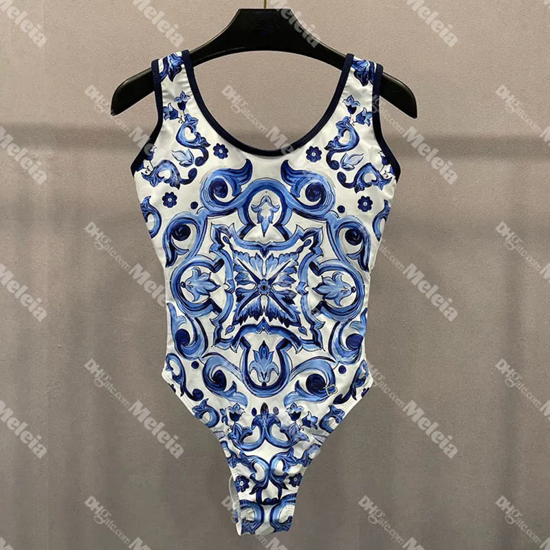 Floral Printed Beachwear Lady Backless Swimwear Blue Swimsuit One Piece Women Beach Bathing Suit