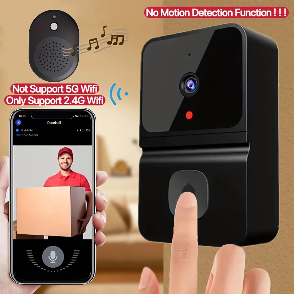 Smart Wireless Doorbell Camera-HD Night Vision, Wi-Fi, Two-vägs ljud, laddningsbart batteri, USB, låg effekt, vidvinkelvy