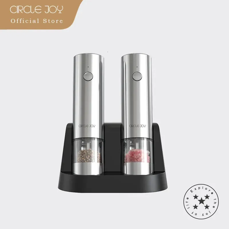 Circle Joy Circle Electric Electric Artelable Mill Pepper and Salt Clrinder with Base Stainsal Steel Automatic Salt Spice Grinder Pepper 240304