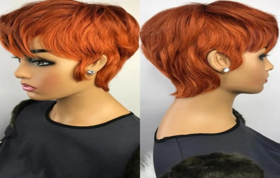 Orange Ginger Color Wig Short Wavy Bob Pixie Cut Full Machine Made No Lace Human Hair Wigs With Bang för Black Women Brazilian3846195