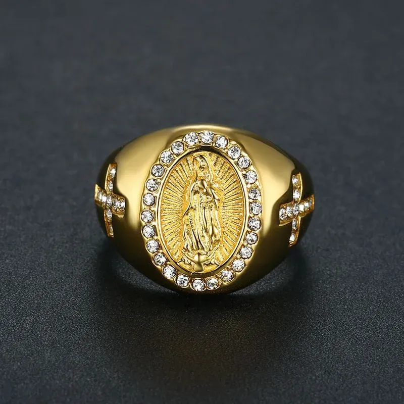 Religijne chrześcijańskie katolickie dziewicze Mary 14K Złote Pierścienie dla mężczyzn Hip Hop Biżuteria Rhinestones Gold Plaked Punk Rock Ring