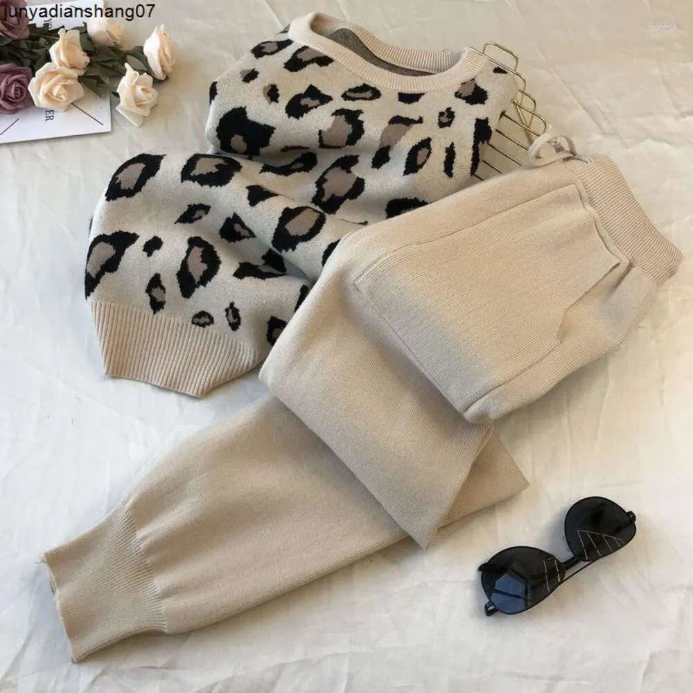 Pantaloni da donna a due pezzi Donna Maglione lavorato a maglia leopardato Tute e tute alla moda a gamba larga Pullover a maniche lunghe da donna G678