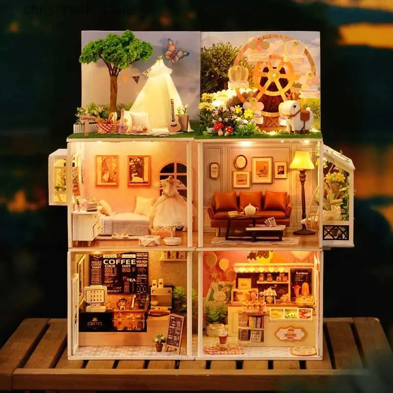 Mimarlık/DIY House DIY ahşap bebek evi minyatür kitleri Mobilya kızları yatak odası kahve dükkanı Casa Dollhouse oyuncakları yetişkinler için doğum günü hediyeleri