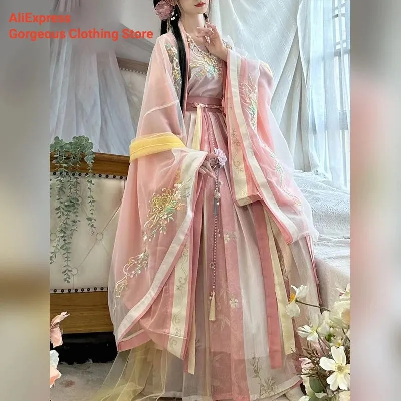 2023 Pink Hanfu Women Chinese Traditional Embroidery Stage Dance Dress Female Fairy Cosplay Costume Song Dynasty For 240220