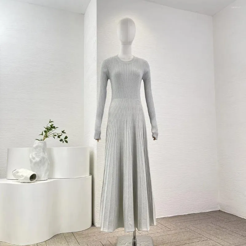 Vestidos casuais de alta qualidade estilo minimalista metálico com nervuras manga longa pulôver patchwork midi vestido para mulheres