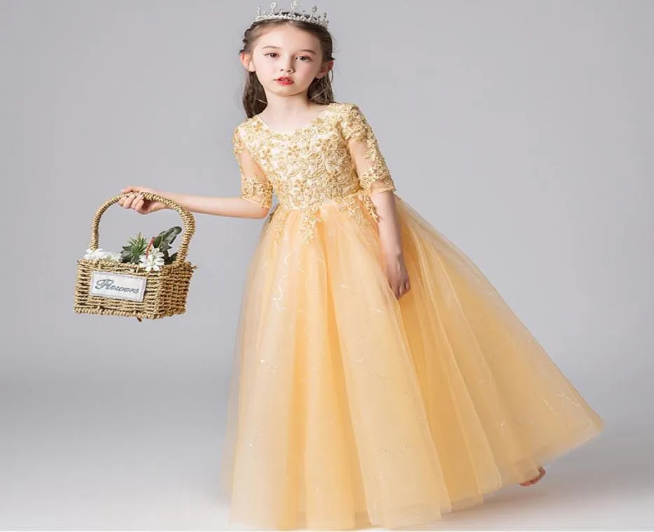 Lovely Champaign Gold 12 Sleeves Beads Flower Girl Dresses Girls039 Pageant Dresses HolidaysBirthday DressSkirt Custom Size 9794011