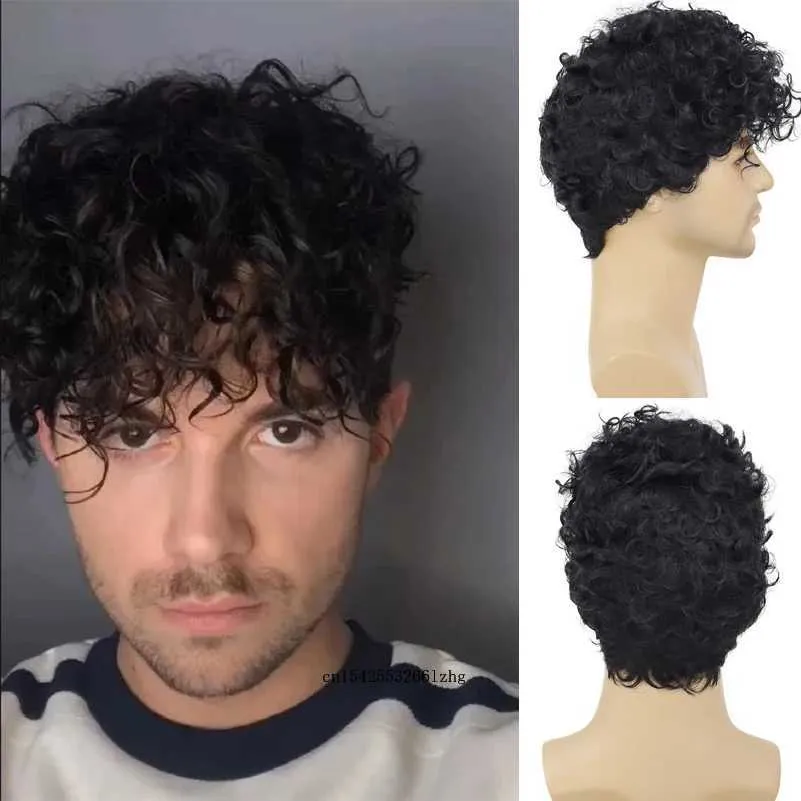 Perucas de cabelo sintético curto preto peruca para homens afro bagunçado perm encaracolado corte de cabelo bonito com franja diário cosplay festa de halloween 240306