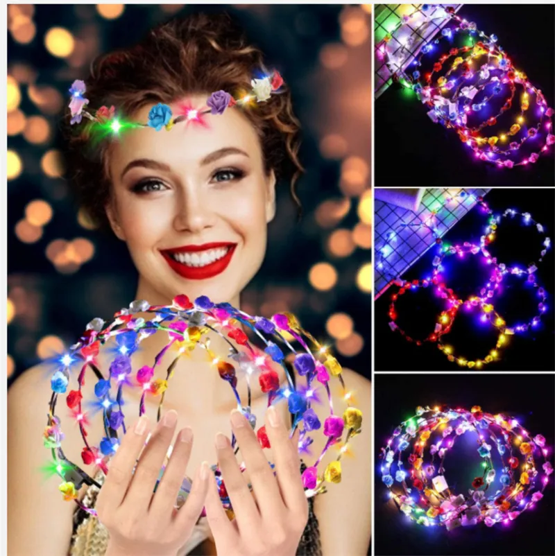 Wholesale LED Headband Light up Garland Flowers Crown Multifunctional Floral Headpiece Hair Wreath for Girls Birthday Wedding Night Market Toys Head Ornaments