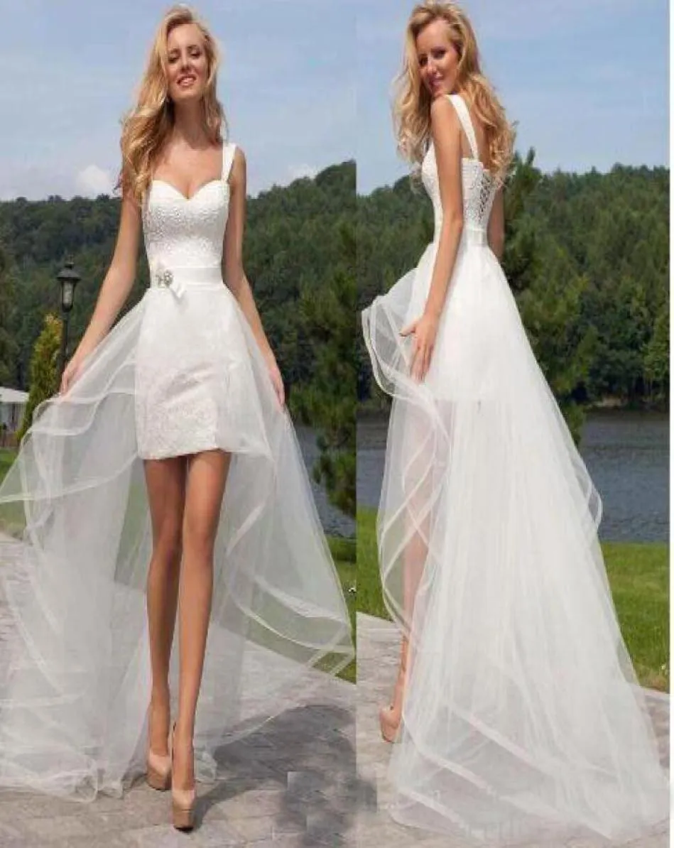 Beach Two Pieces Wedding Dresses Cheap Sweetheart Laceup Short Lace Detachable Skirt 2 in 1 Bridal Gown 20198799188