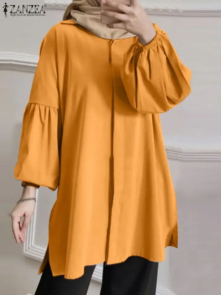 Tops ZANZEA Mode Vrouwen Lange Lantaarn Mouw Herfst Vintage Effen Ruches Blouse Casual Losse Moslim Ramadan Turkije Tops Mujer