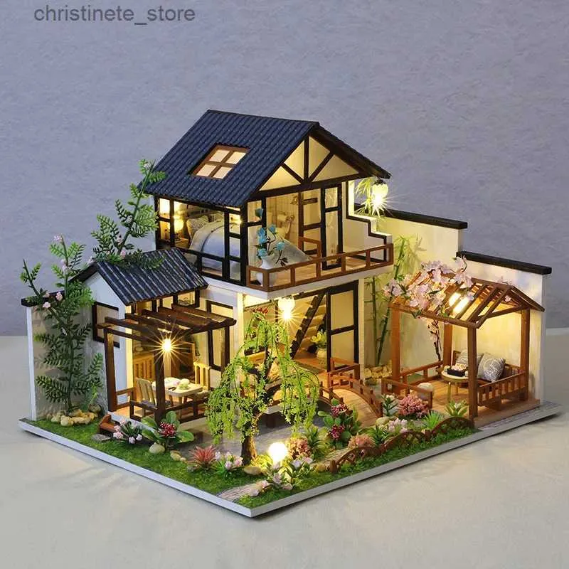 Architecture/DIY House DIY Wooden Casa Japanese Dollhouse Kit Assembled Miniature Furniture Light Doll House with Cherry Blossoms Toys for Adult Gifts